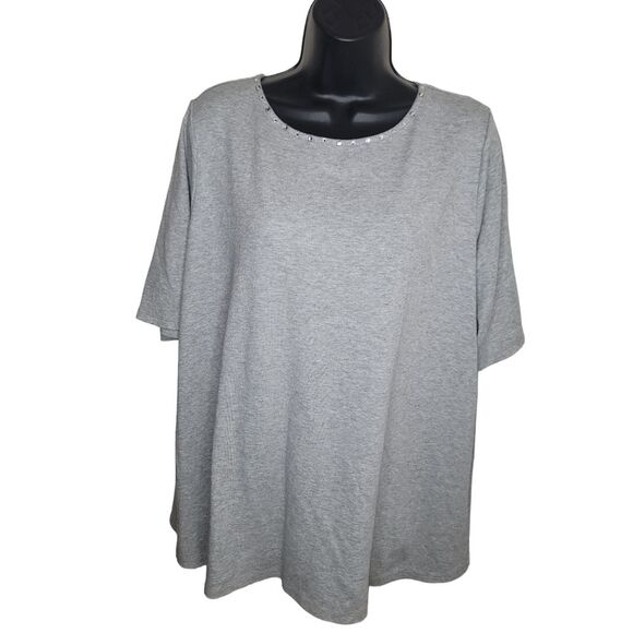 Quacker Factory gray rounded neck Rhinestone t-shirt top 2x - Picture 1 of 8
